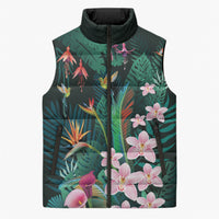 Hawaii Hummingbird Tropical Flowers Sleeveless Puffer Jacket Dark Green LT01 Unisex Green - Polynesian Pride