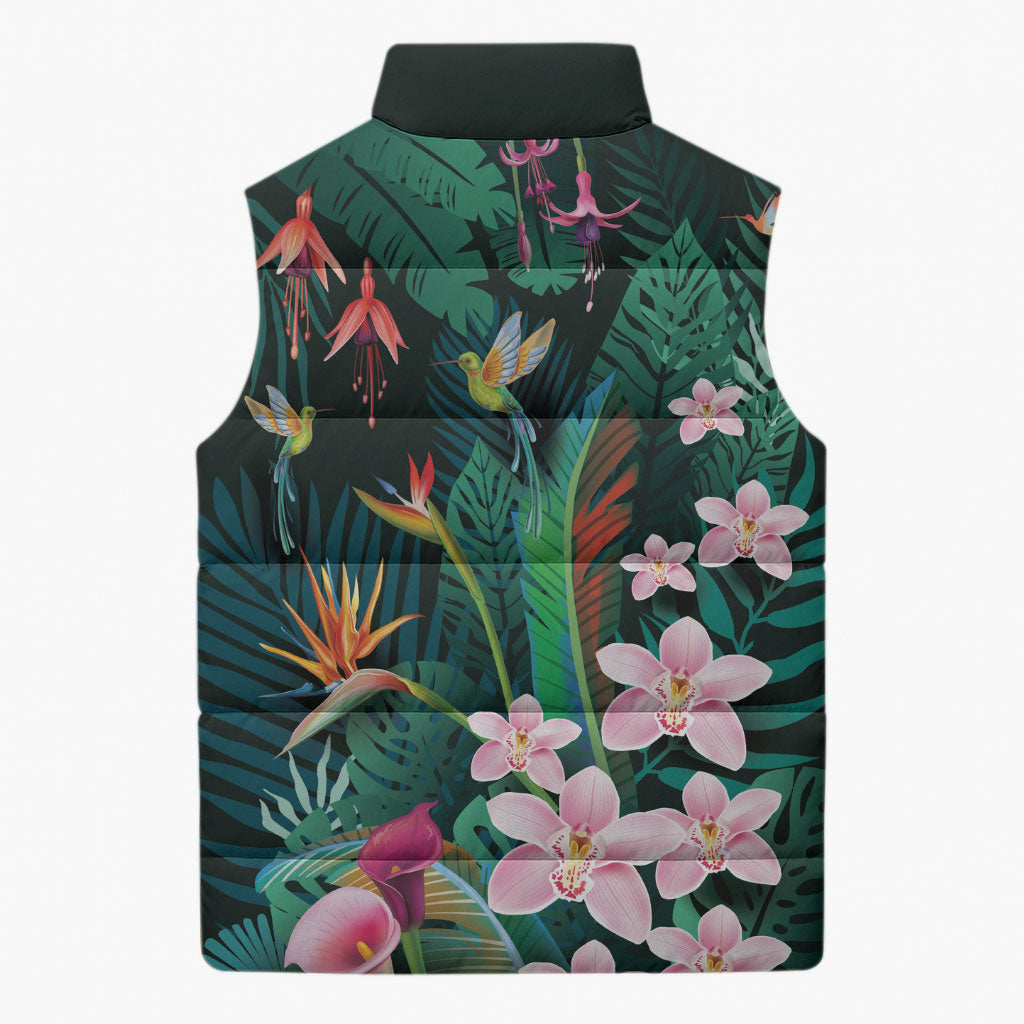 Hawaii Hummingbird Tropical Flowers Sleeveless Puffer Jacket Dark Green LT01 - Polynesian Pride