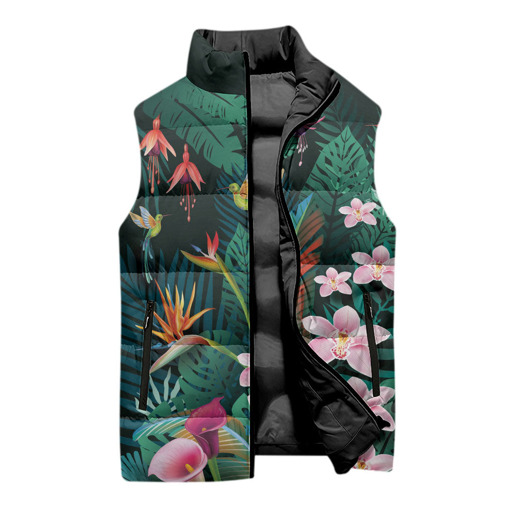 Hawaii Hummingbird Tropical Flowers Sleeveless Puffer Jacket Dark Green LT01 - Polynesian Pride