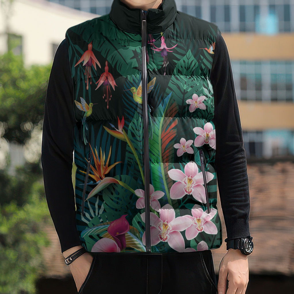 Hawaii Hummingbird Tropical Flowers Sleeveless Puffer Jacket Dark Green LT01 - Polynesian Pride