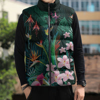 Hawaii Hummingbird Tropical Flowers Sleeveless Puffer Jacket Dark Green LT01 - Polynesian Pride