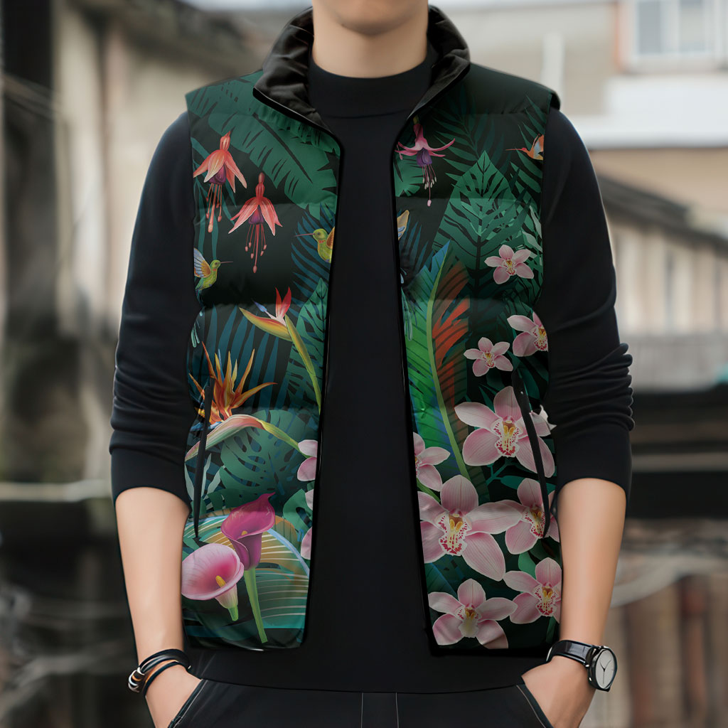 Hawaii Hummingbird Tropical Flowers Sleeveless Puffer Jacket Dark Green LT01 - Polynesian Pride