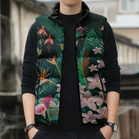 Hawaii Hummingbird Tropical Flowers Sleeveless Puffer Jacket Dark Green LT01 - Polynesian Pride