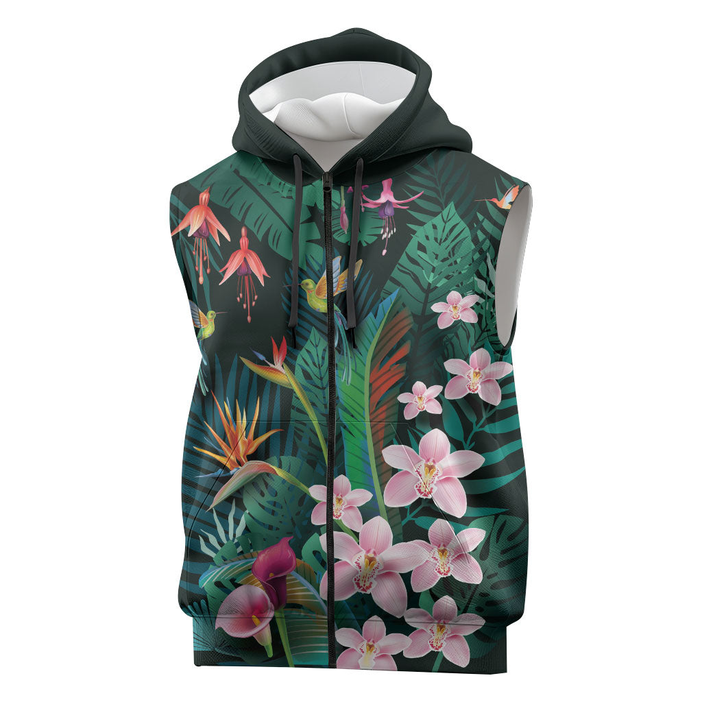 Hawaii Hummingbird Tropical Flowers Sleeveless Zip Hoodie Dark Green LT01 Green - Polynesian Pride