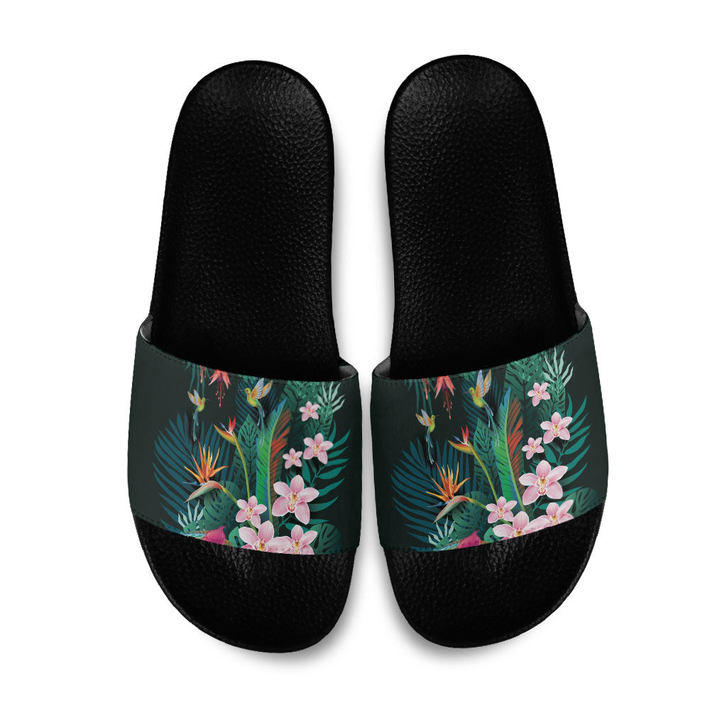 Hawaii Hummingbird Tropical Flowers Slide Sandals Dark Green LT01 Green - Polynesian Pride
