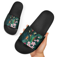 Hawaii Hummingbird Tropical Flowers Slide Sandals Dark Green LT01 - Polynesian Pride