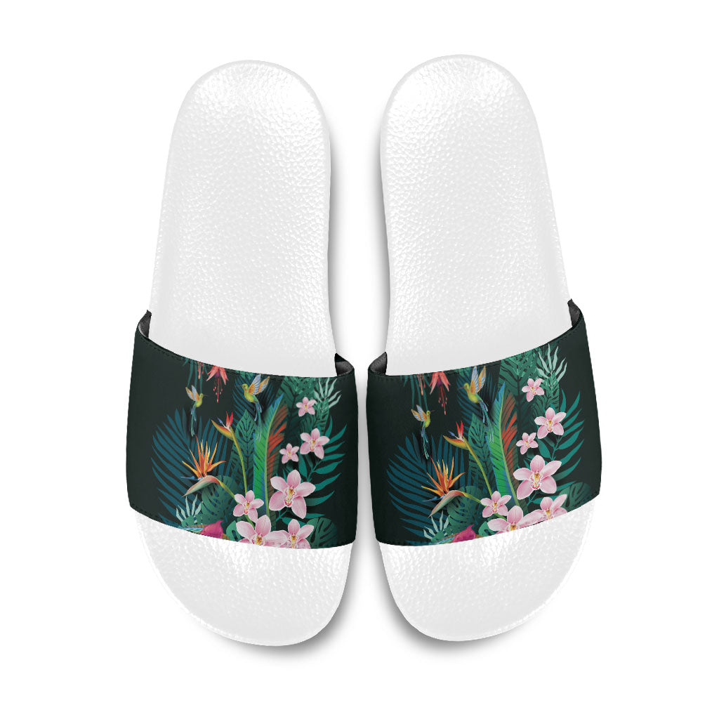 Hawaii Hummingbird Tropical Flowers Slide Sandals Dark Green LT01 Green - Polynesian Pride