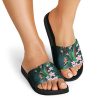 Hawaii Hummingbird Tropical Flowers Slide Sandals Dark Green LT01 - Polynesian Pride