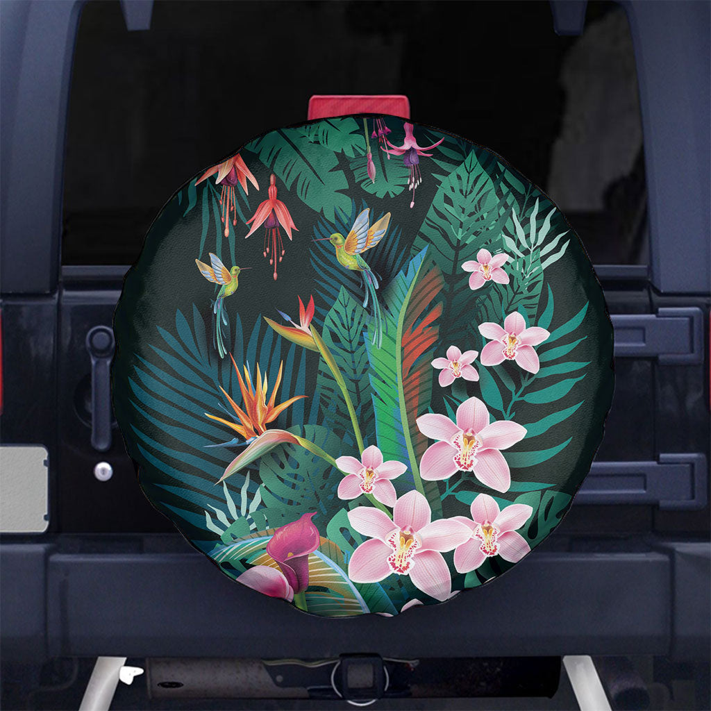 Hawaii Hummingbird Tropical Flowers Spare Tire Cover Dark Green LT01 No hole Green - Polynesian Pride