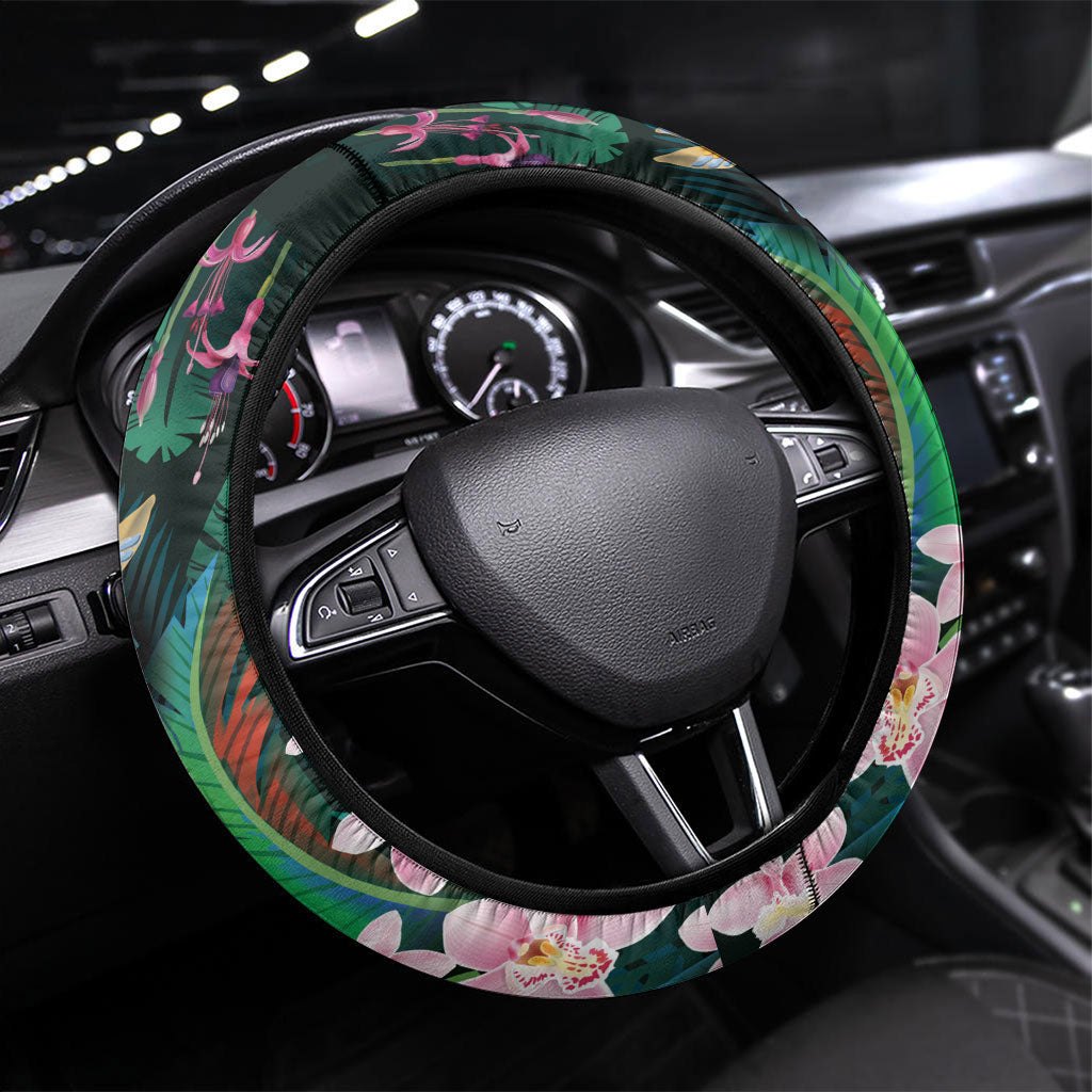 Hawaii Hummingbird Tropical Flowers Steering Wheel Cover Dark Green LT01 Universal Fit Green - Polynesian Pride
