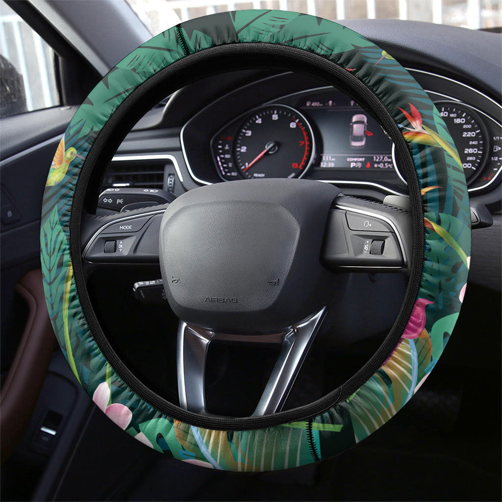 Hawaii Hummingbird Tropical Flowers Steering Wheel Cover Dark Green LT01 - Polynesian Pride