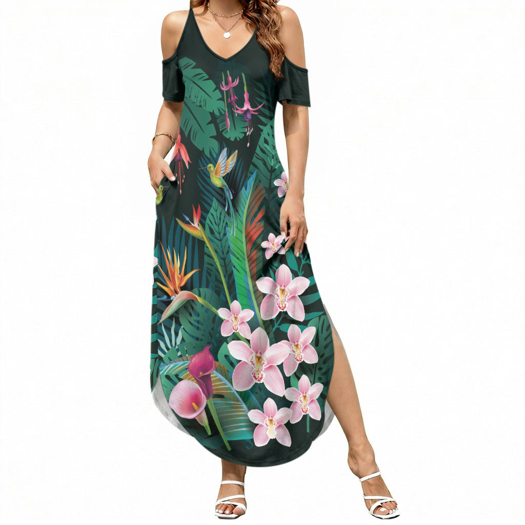 Hawaii Hummingbird Tropical Flowers Summer Maxi Dress Dark Green LT01 Women Green - Polynesian Pride