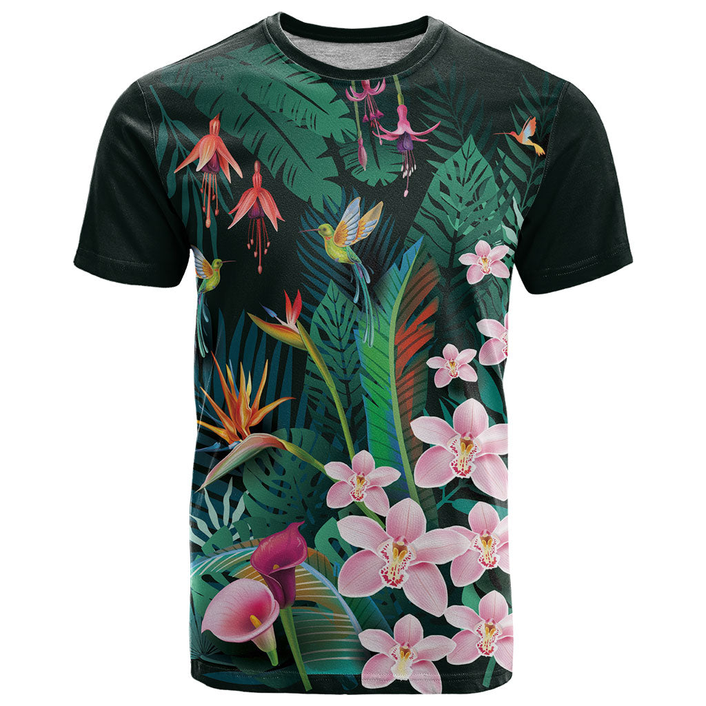 Hawaii Hummingbird Tropical Flowers T Shirt Dark Green LT01 Green - Polynesian Pride