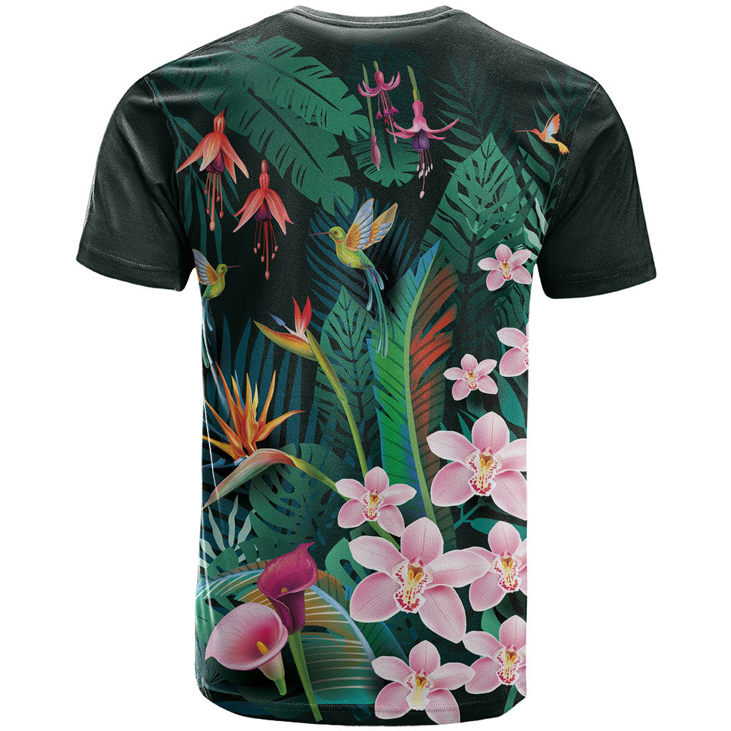 Hawaii Hummingbird Tropical Flowers T Shirt Dark Green LT01 - Polynesian Pride