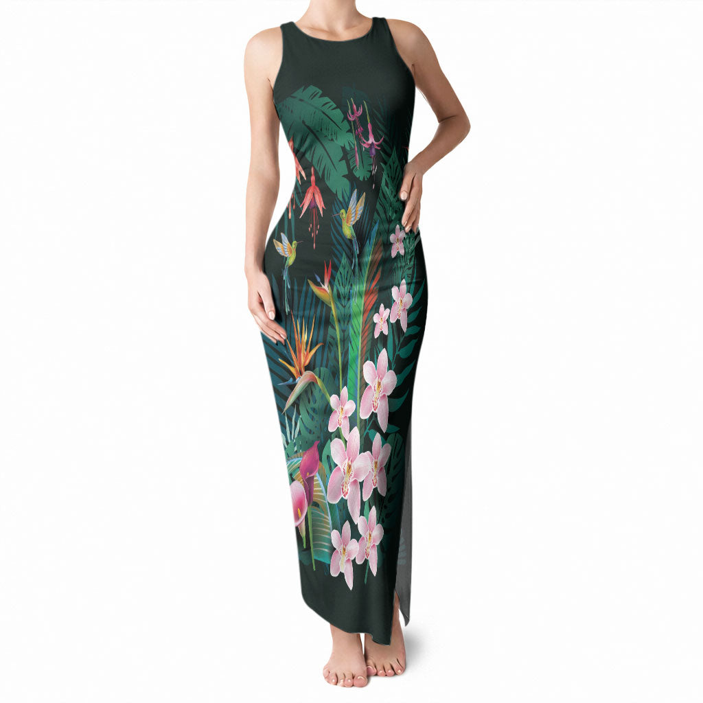 Hawaii Hummingbird Tropical Flowers Tank Maxi Dress Dark Green LT01 Women Green - Polynesian Pride