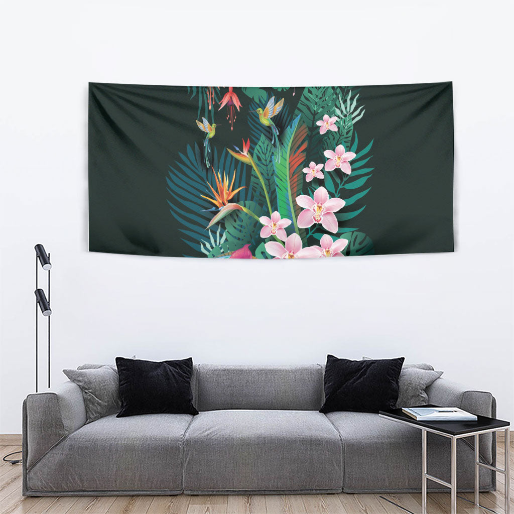 Hawaii Hummingbird Tropical Flowers Tapestry Dark Green LT01 - Polynesian Pride
