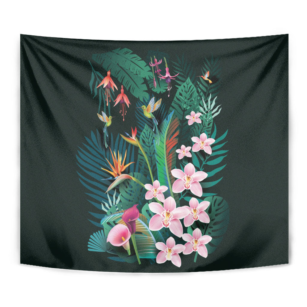 Hawaii Hummingbird Tropical Flowers Tapestry Dark Green LT01 - Polynesian Pride