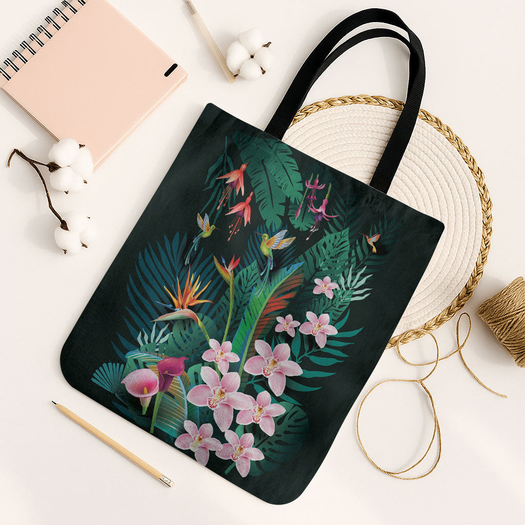 Hawaii Hummingbird Tropical Flowers Tote Bag Dark Green LT01 Black Strap One Size Green - Polynesian Pride