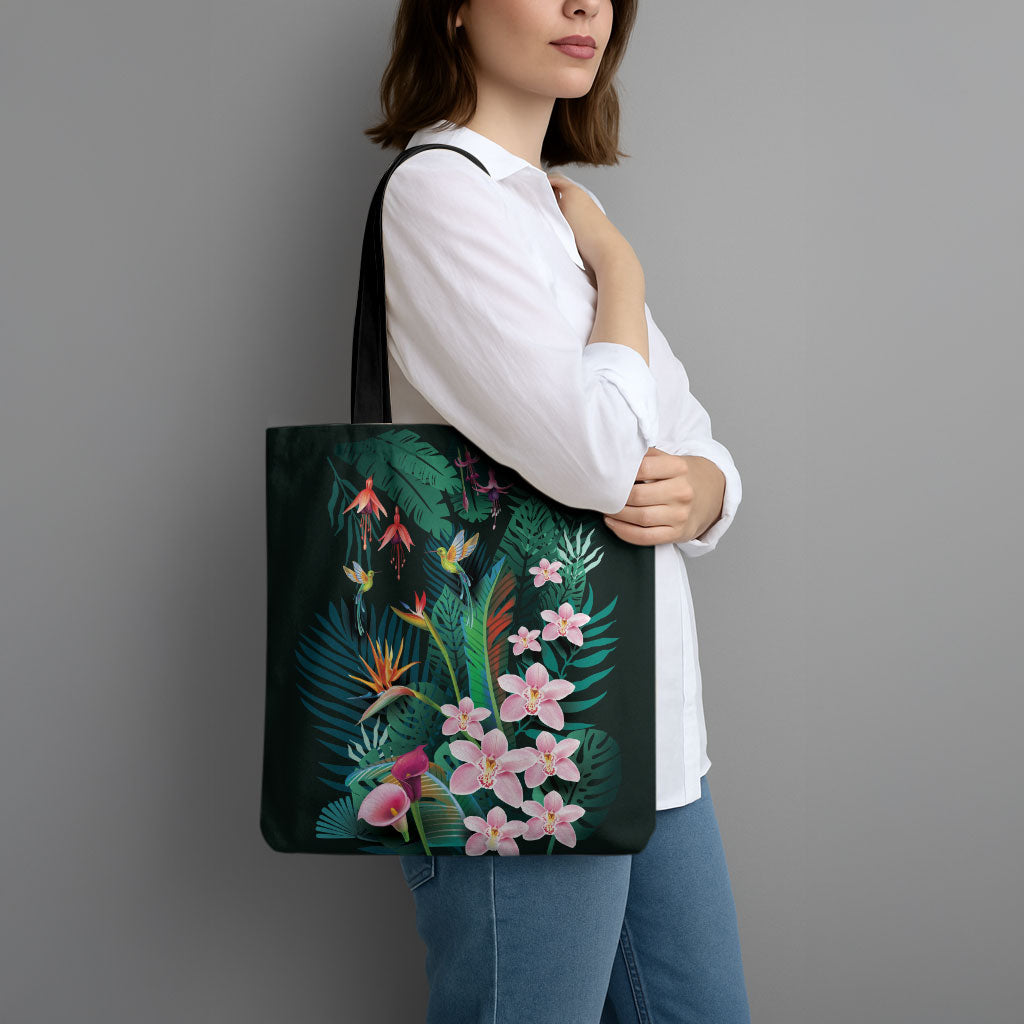 Hawaii Hummingbird Tropical Flowers Tote Bag Dark Green LT01 - Polynesian Pride