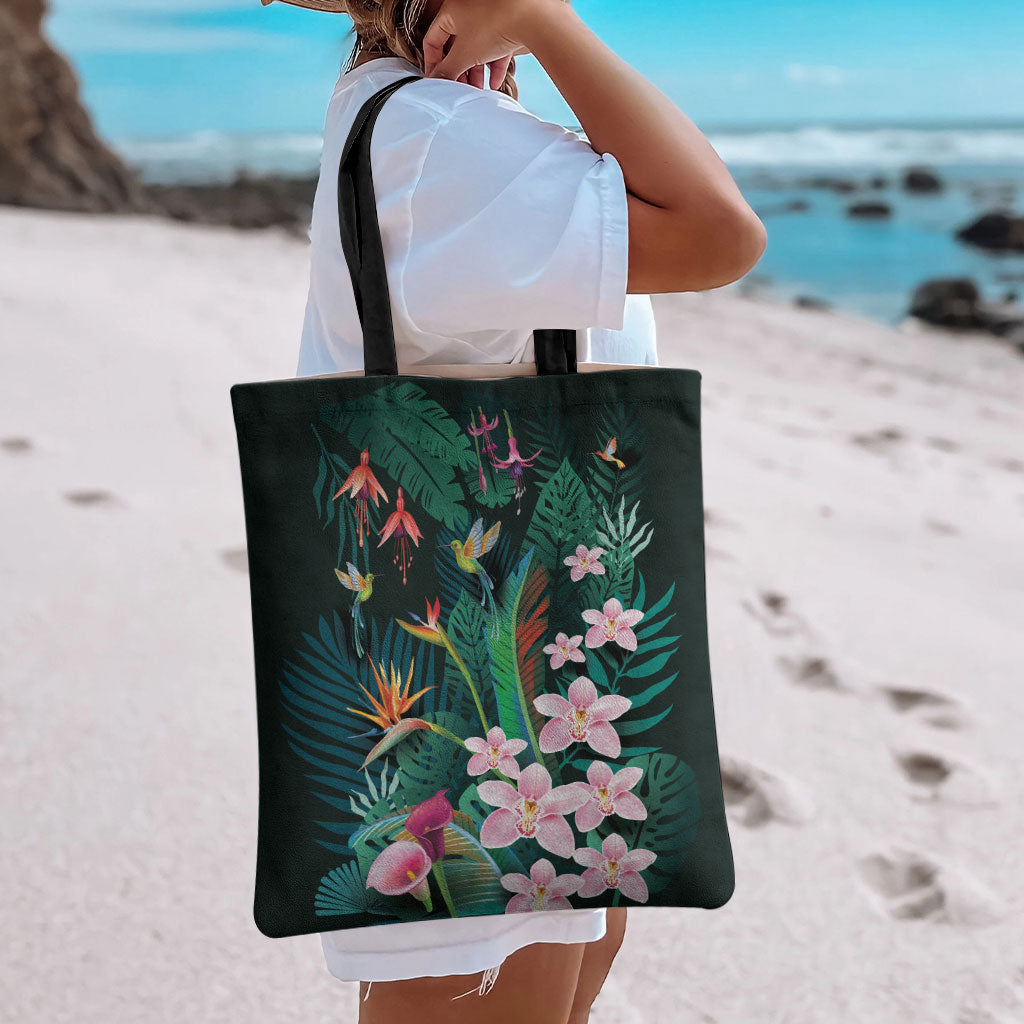 Hawaii Hummingbird Tropical Flowers Tote Bag Dark Green LT01 - Polynesian Pride