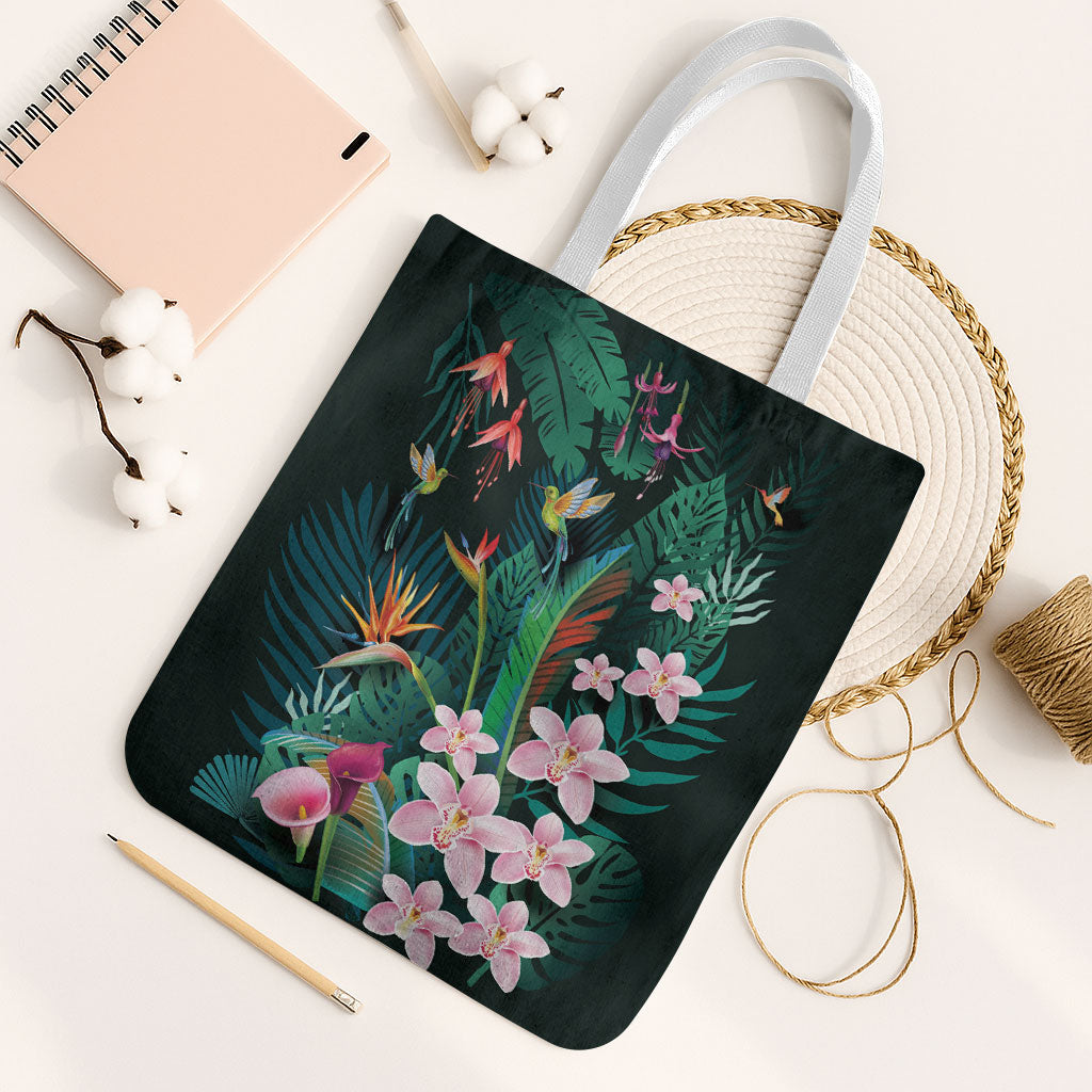 Hawaii Hummingbird Tropical Flowers Tote Bag Dark Green LT01 White Strap One Size Green - Polynesian Pride