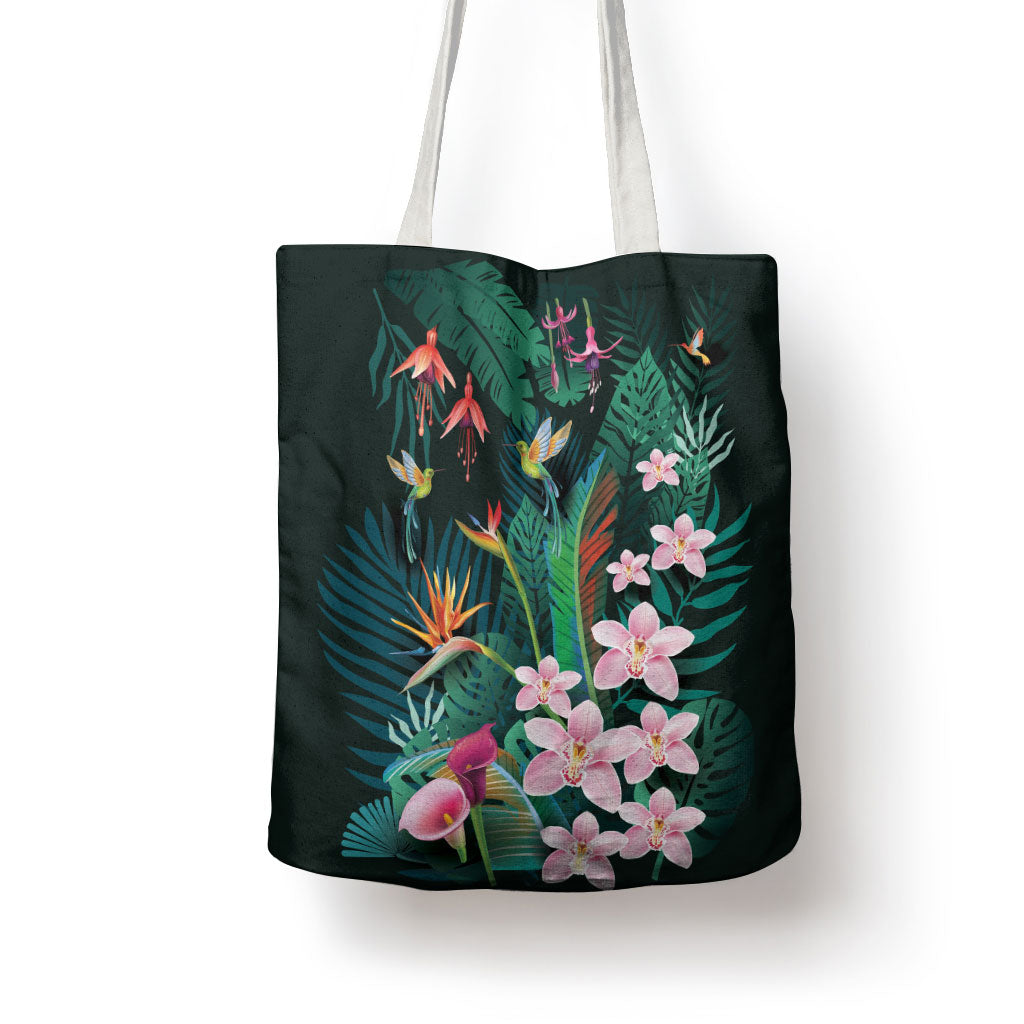 Hawaii Hummingbird Tropical Flowers Tote Bag Dark Green LT01 - Polynesian Pride