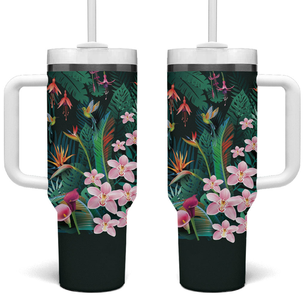 Hawaii Hummingbird Tropical Flowers Tumbler With Handle Dark Green LT01 One Size: 40 oz Green - Polynesian Pride