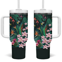 Hawaii Hummingbird Tropical Flowers Tumbler With Handle Dark Green LT01 One Size: 40 oz Green - Polynesian Pride