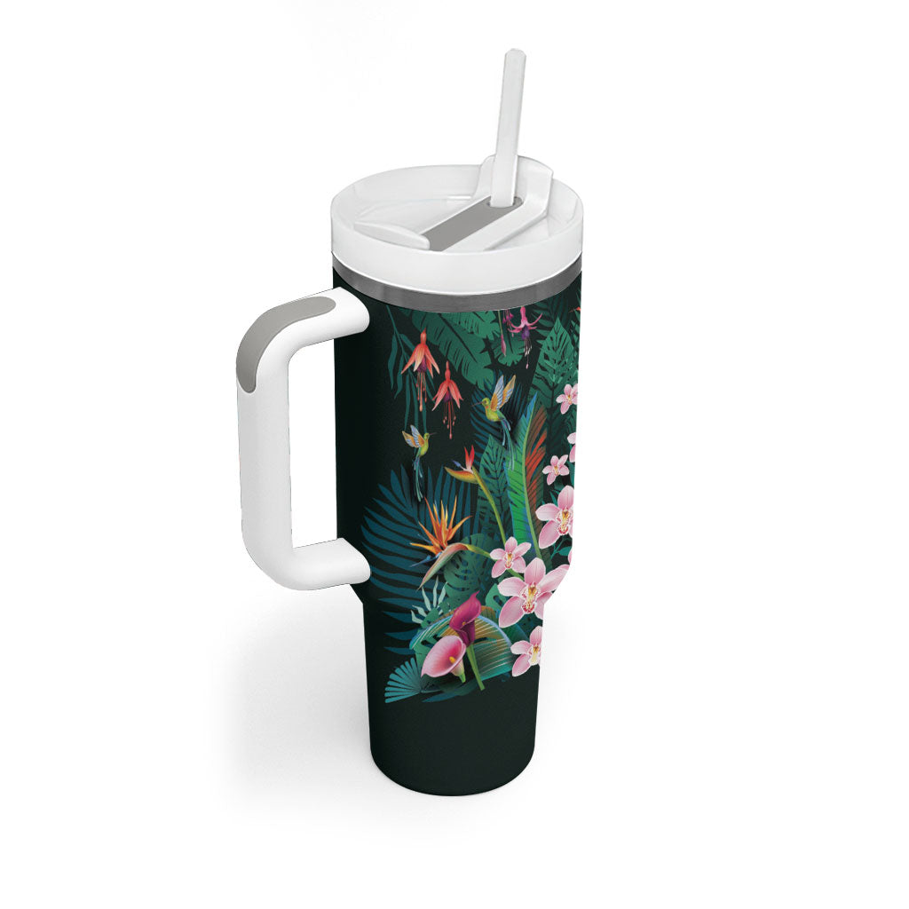 Hawaii Hummingbird Tropical Flowers Tumbler With Handle Dark Green LT01 - Polynesian Pride