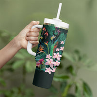 Hawaii Hummingbird Tropical Flowers Tumbler With Handle Dark Green LT01 - Polynesian Pride