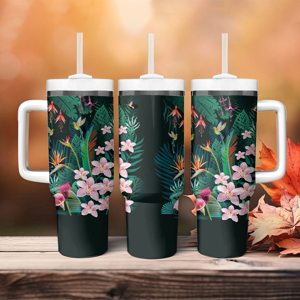 Hawaii Hummingbird Tropical Flowers Tumbler With Handle Dark Green LT01 - Polynesian Pride