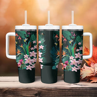 Hawaii Hummingbird Tropical Flowers Tumbler With Handle Dark Green LT01 - Polynesian Pride