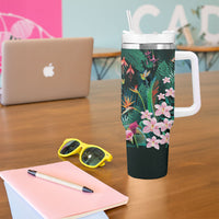 Hawaii Hummingbird Tropical Flowers Tumbler With Handle Dark Green LT01 - Polynesian Pride