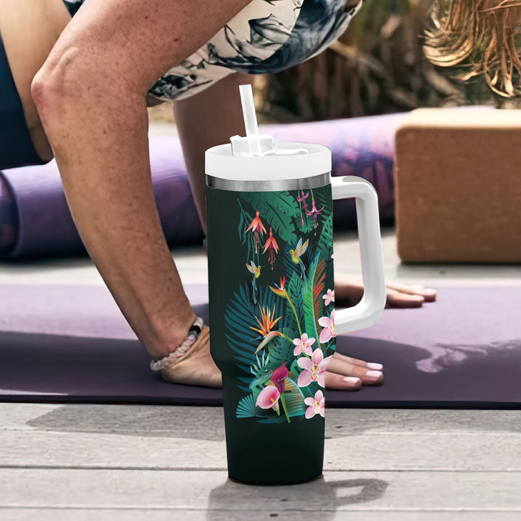 Hawaii Hummingbird Tropical Flowers Tumbler With Handle Dark Green LT01 - Polynesian Pride