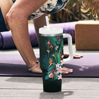 Hawaii Hummingbird Tropical Flowers Tumbler With Handle Dark Green LT01 - Polynesian Pride
