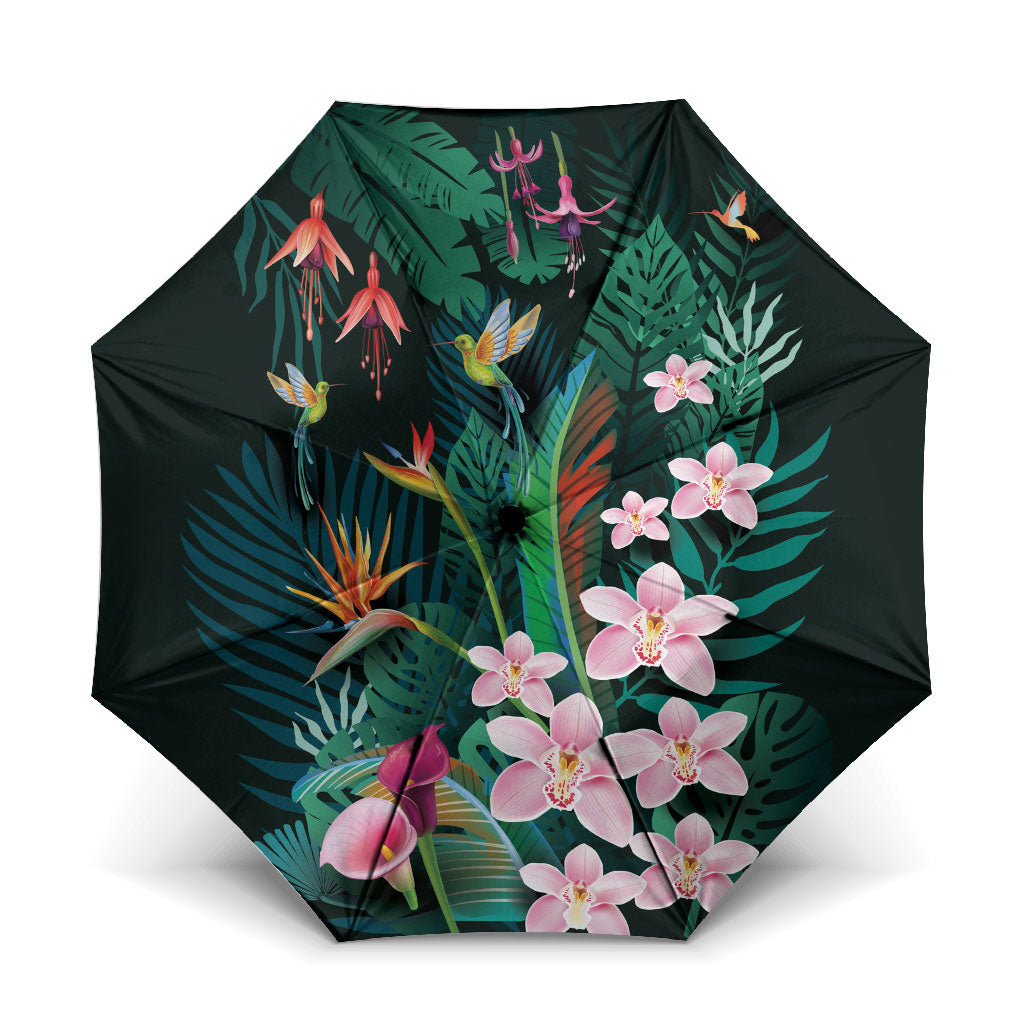 Hawaii Hummingbird Tropical Flowers Umbrella Dark Green LT01 One Size Folded 11.42 inch Opened Diameter 37.4 inch Green - Polynesian Pride
