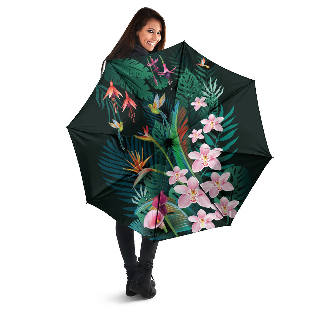 Hawaii Hummingbird Tropical Flowers Umbrella Dark Green LT01 - Polynesian Pride