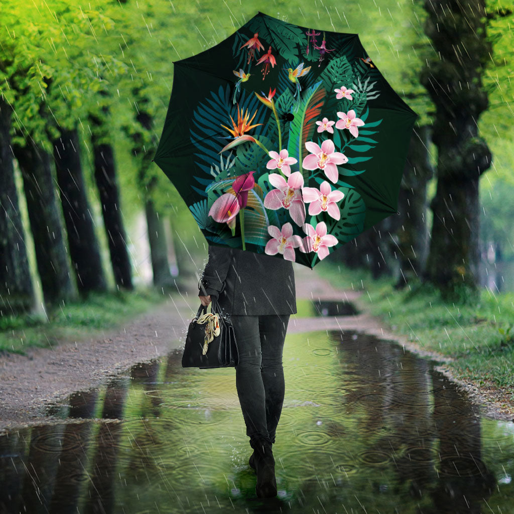 Hawaii Hummingbird Tropical Flowers Umbrella Dark Green LT01 - Polynesian Pride