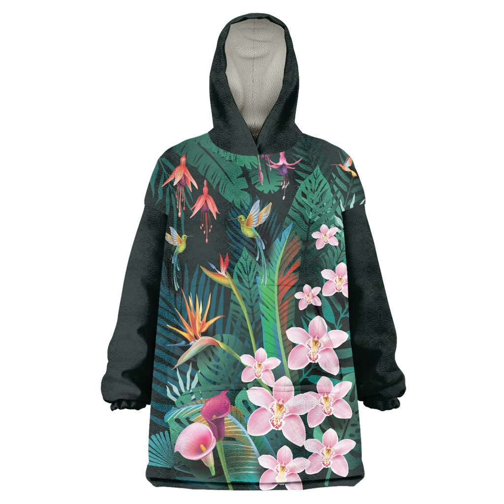 Hawaii Hummingbird Tropical Flowers Wearable Blanket Hoodie Dark Green LT01 One Size Green - Polynesian Pride