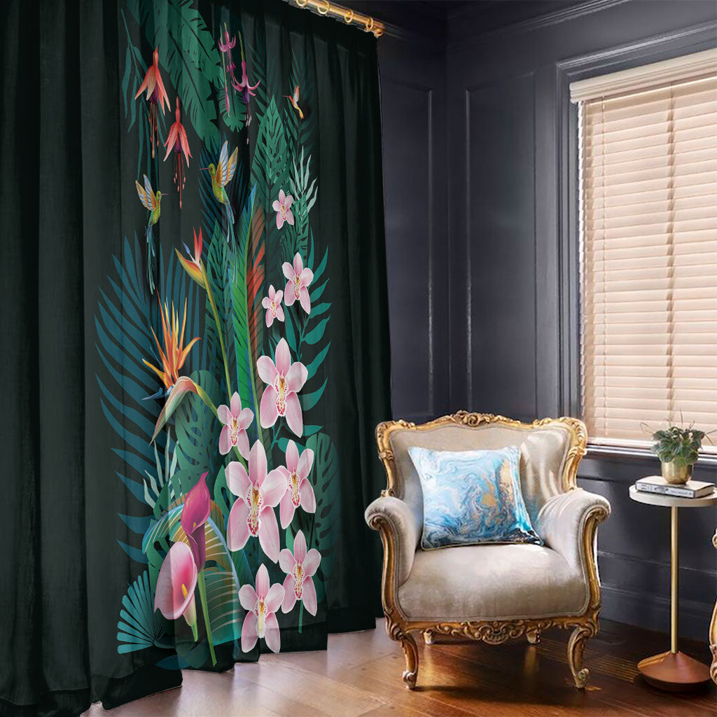 Hawaii Hummingbird Tropical Flowers Window Curtain Dark Green LT01 - Polynesian Pride