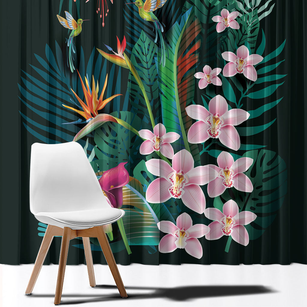Hawaii Hummingbird Tropical Flowers Window Curtain Dark Green LT01 - Polynesian Pride