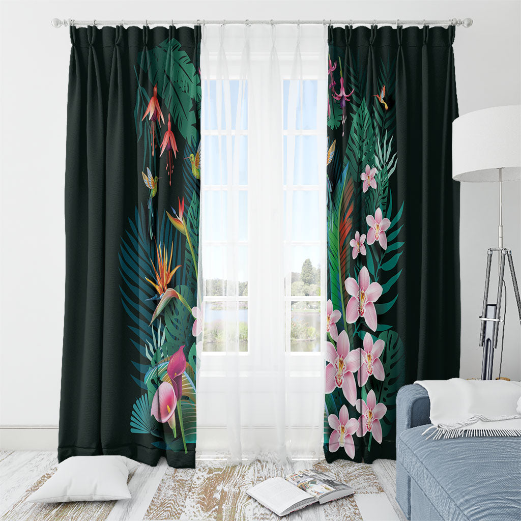 Hawaii Hummingbird Tropical Flowers Window Curtain Dark Green LT01 - Polynesian Pride