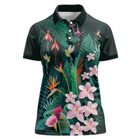 Hawaii Hummingbird Tropical Flowers Women Polo Shirt Dark Green LT01 Female Green - Polynesian Pride