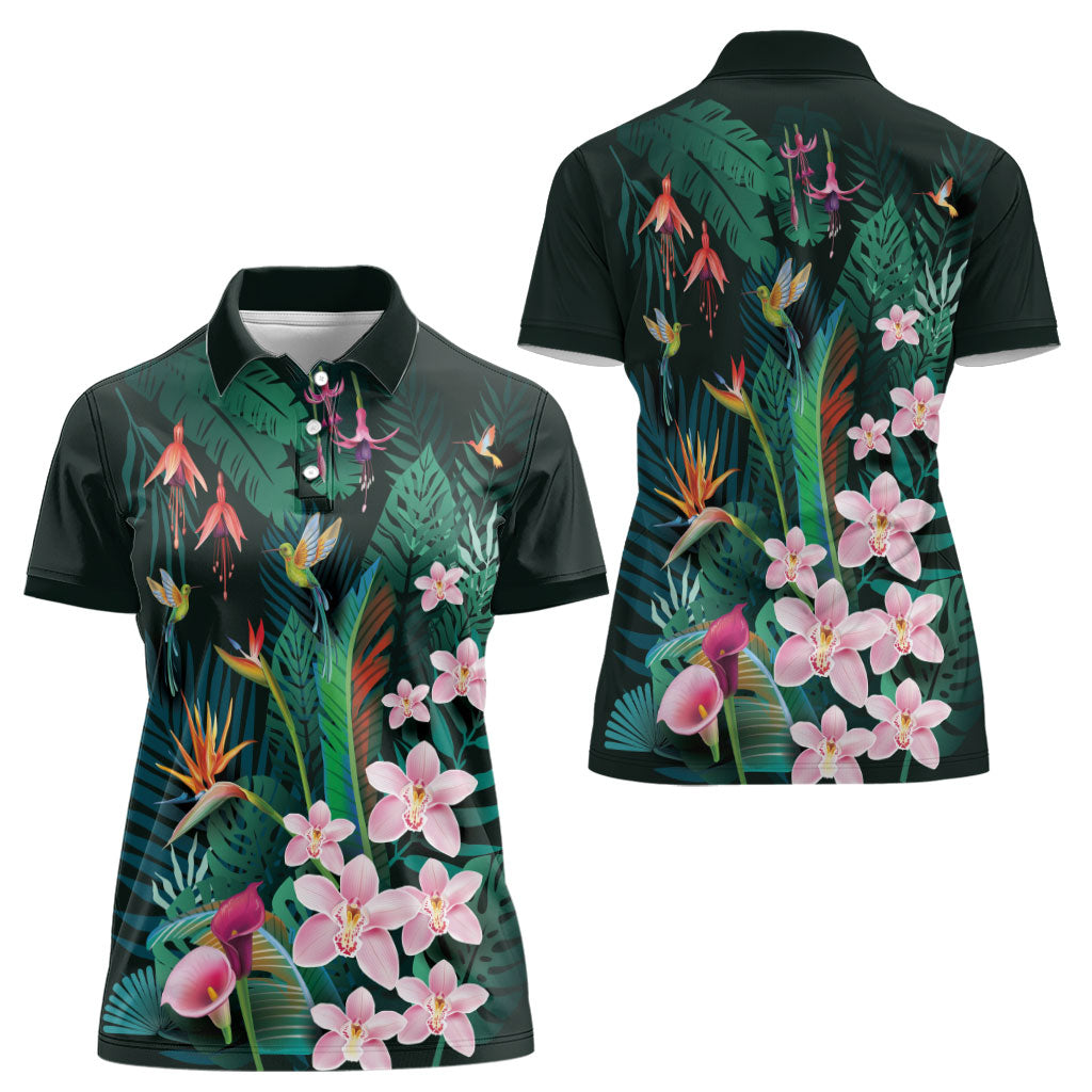 Hawaii Hummingbird Tropical Flowers Women Polo Shirt Dark Green LT01 - Polynesian Pride