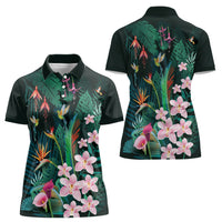 Hawaii Hummingbird Tropical Flowers Women Polo Shirt Dark Green LT01 - Polynesian Pride