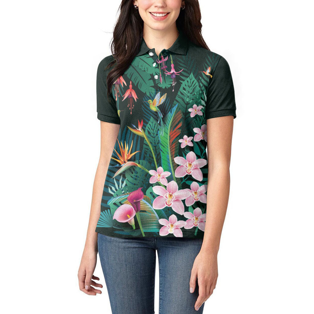 Hawaii Hummingbird Tropical Flowers Women Polo Shirt Dark Green LT01 - Polynesian Pride