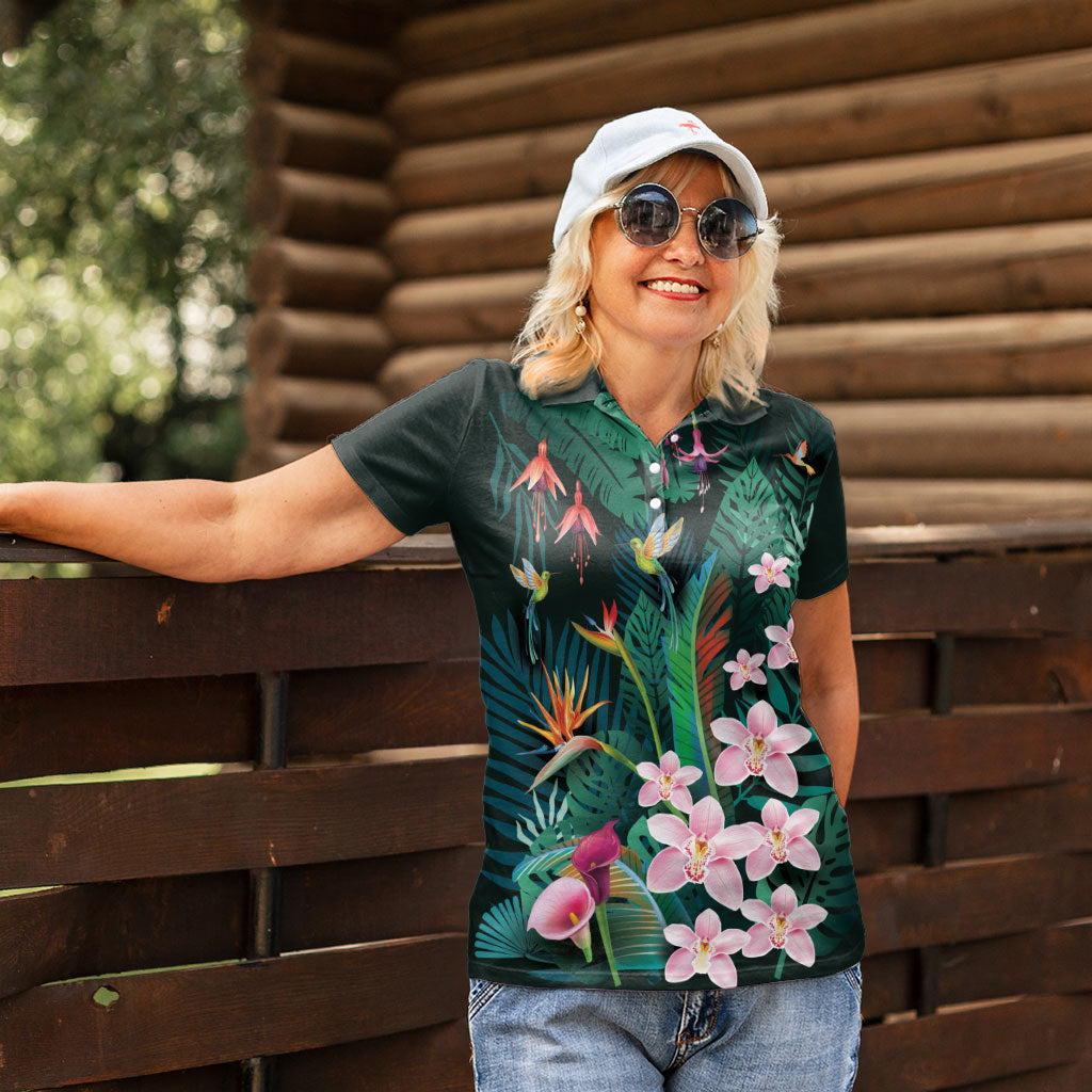 Hawaii Hummingbird Tropical Flowers Women Polo Shirt Dark Green LT01 - Polynesian Pride