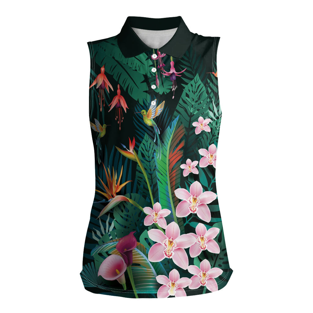 Hawaii Hummingbird Tropical Flowers Women Sleeveless Polo Shirt Dark Green LT01 Female Green - Polynesian Pride