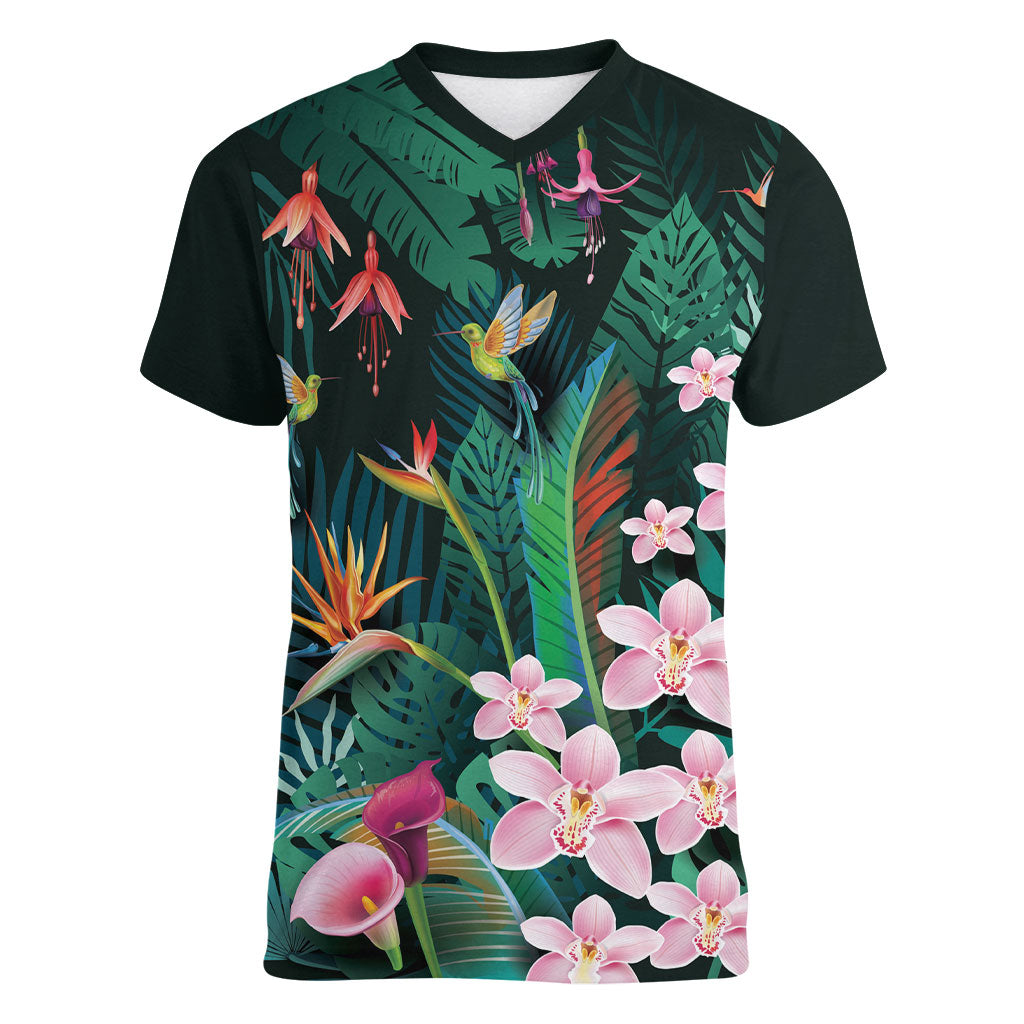 Hawaii Hummingbird Tropical Flowers Women V-Neck T-Shirt Dark Green LT01 Female Green - Polynesian Pride