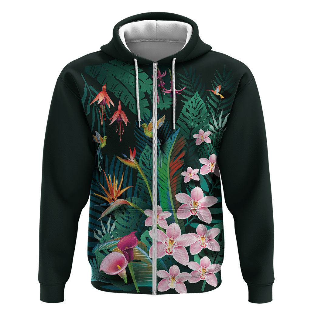 Hawaii Hummingbird Tropical Flowers Zip Hoodie Dark Green LT01 Zip Hoodie Green - Polynesian Pride